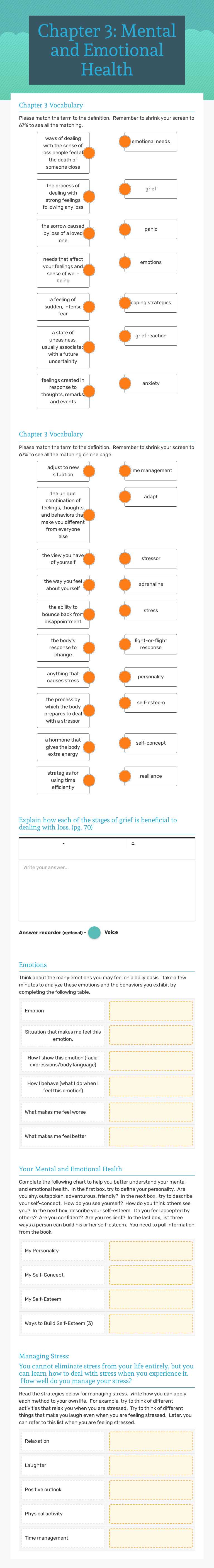 Chapter 3: Mental and Emotional Health worksheet preview image