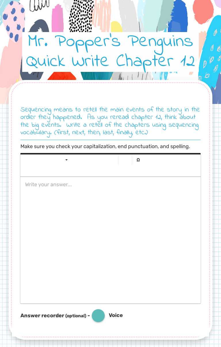 Mr. Popper's Penguins Quick Write Chapter 12 worksheet preview image