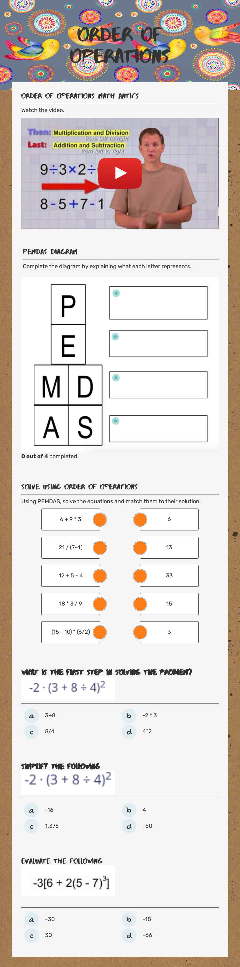 Order of operations Grade 6 worksheet preview