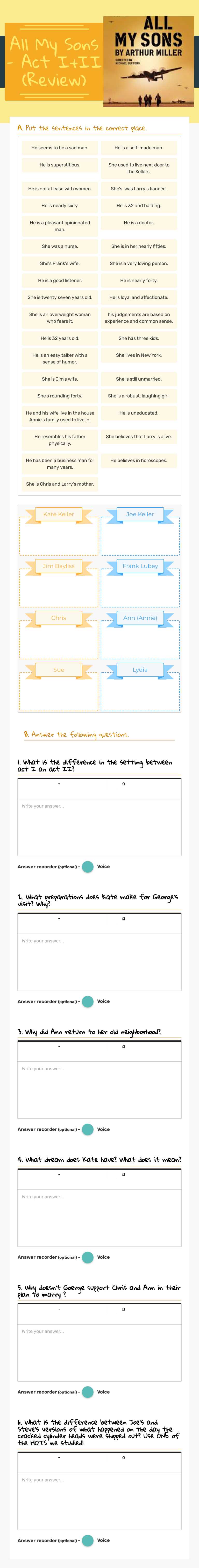 All My Sons - Act I+II
(Review) Grade 12 worksheet preview