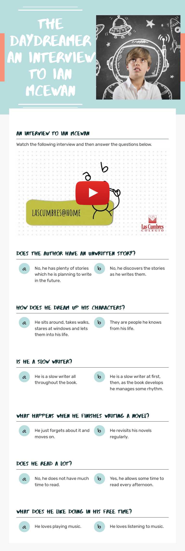 The Daydreamer       
 an interview to Ian MCEwan Grade 6 worksheet preview