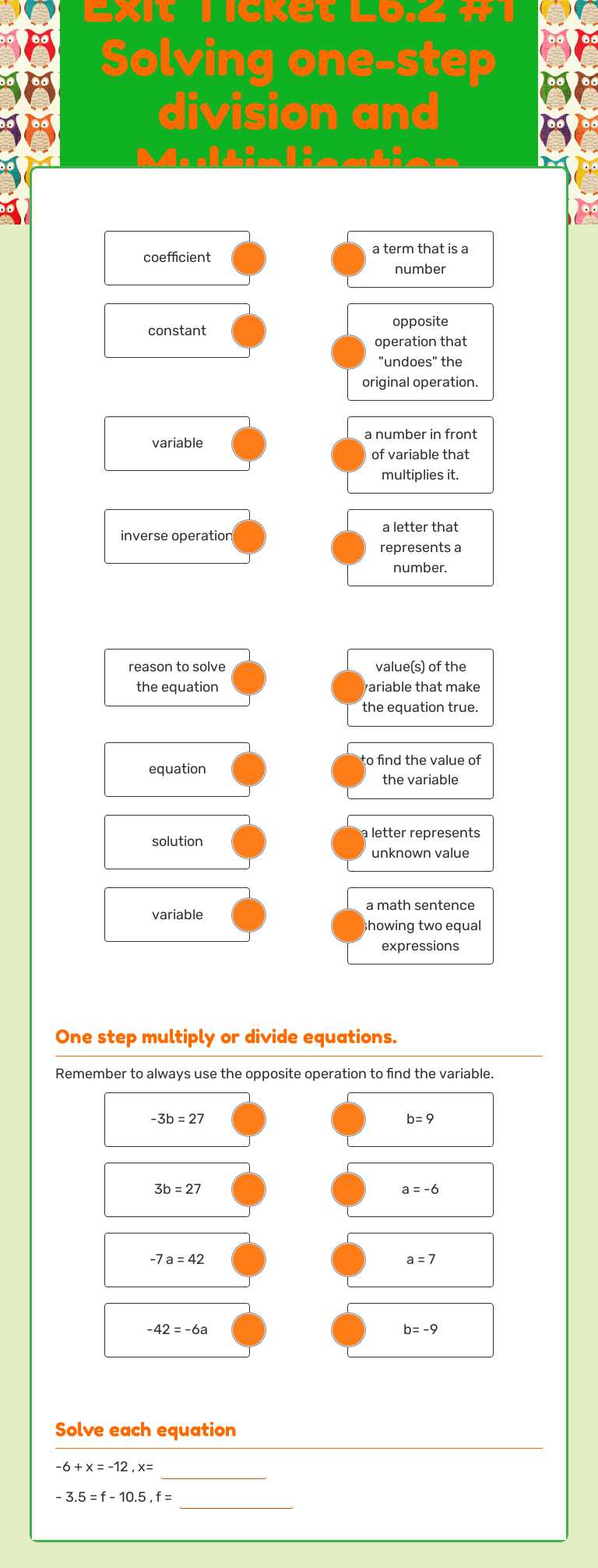 Exit Ticket L6.2 #1 Solving one-step division and Multiplication equations worksheet preview image