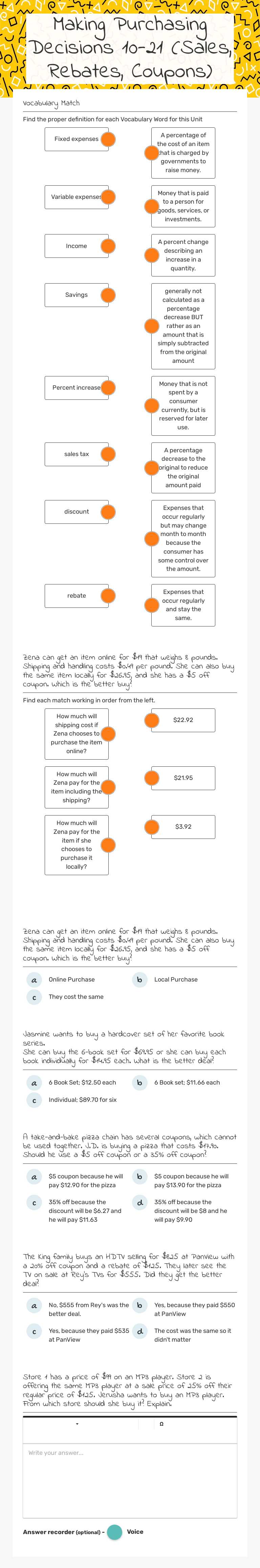 Making Purchasing Decisions 10-21 (Sales, Rebates, Coupons) worksheet preview image