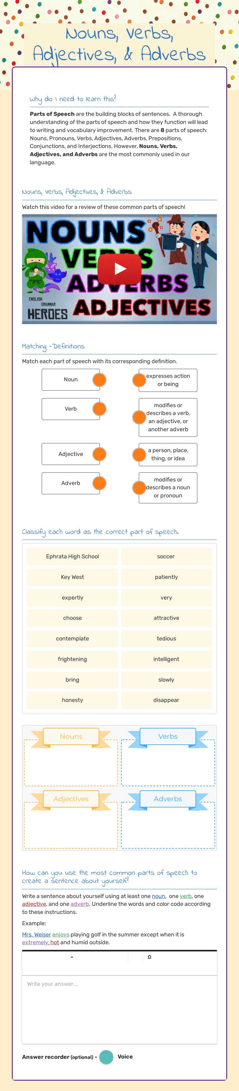 Nouns, Verbs, Adjectives, & Adverbs worksheet preview image
