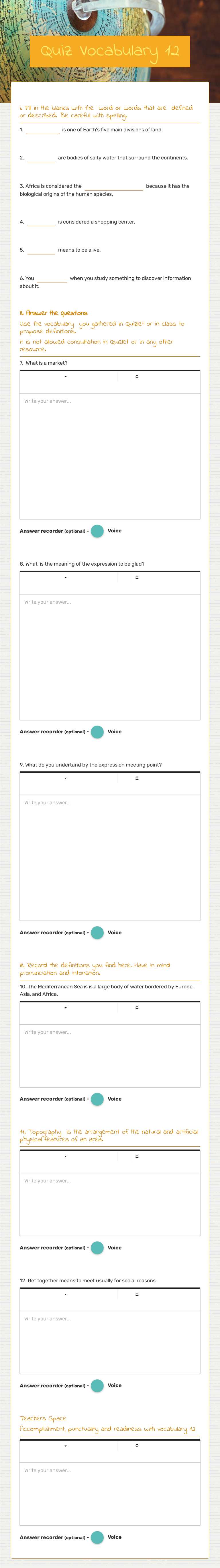 Quiz Vocabulary 12 Grade 6 worksheet preview
