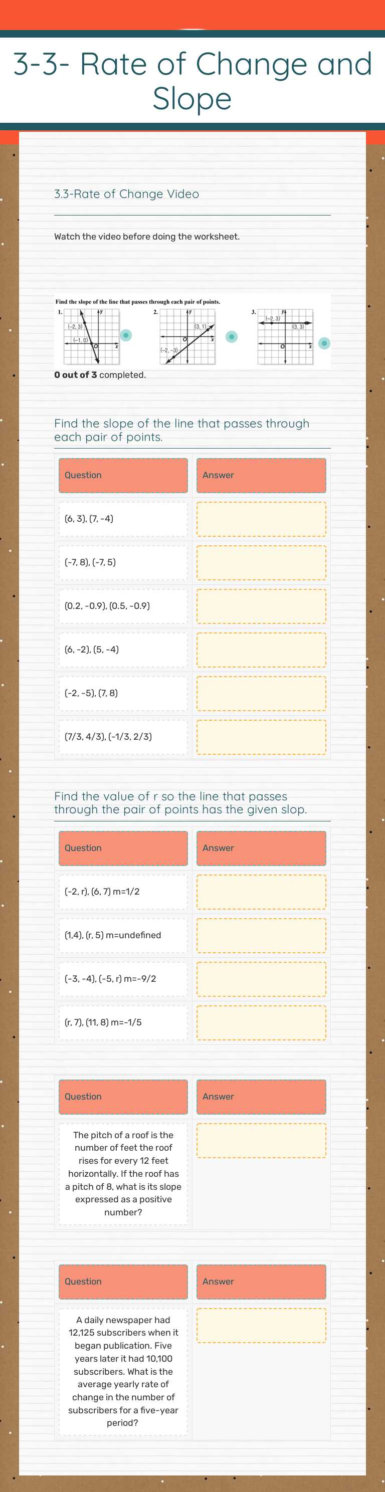 3-3- Rate of Change and Slope worksheet preview image