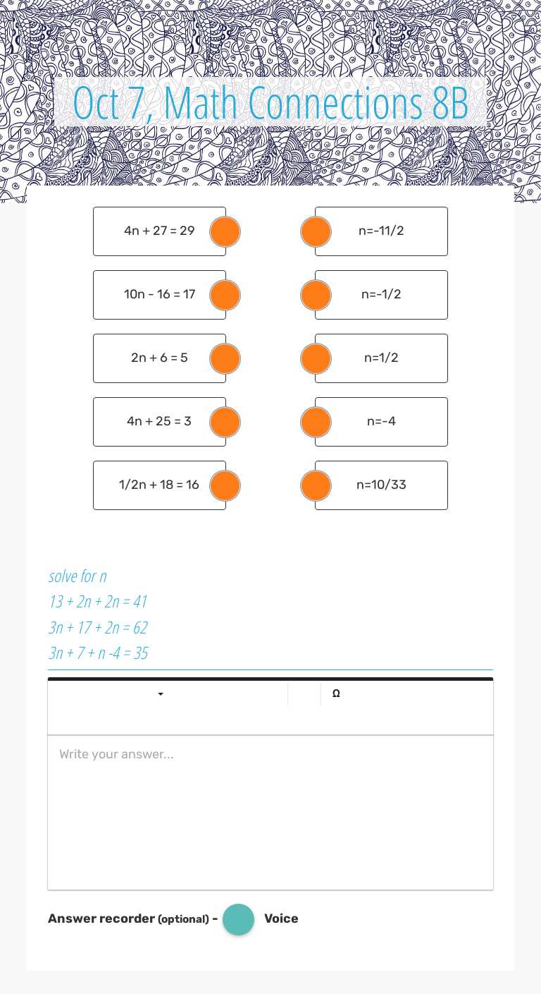 Oct 7, Math Connections 8B worksheet preview image
