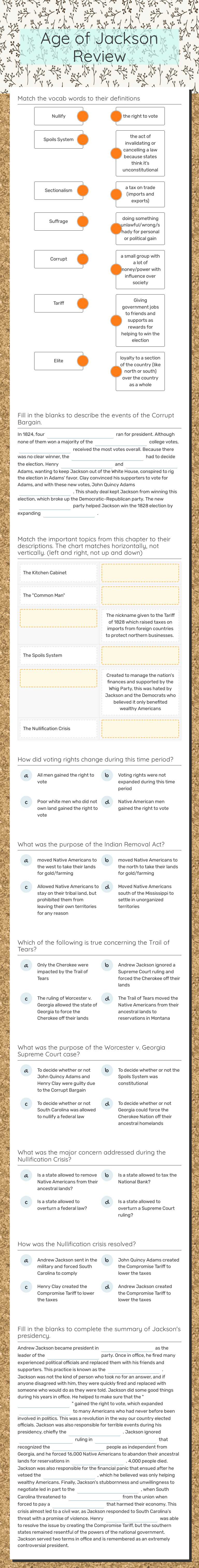 Age of Jackson Review worksheet preview image