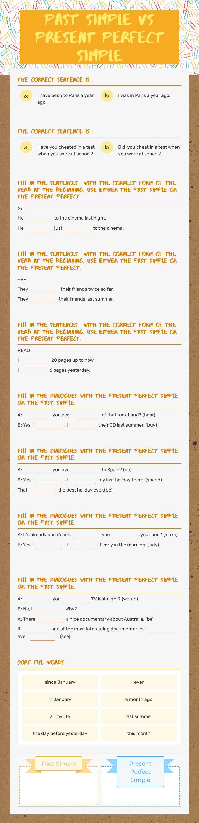PAST SIMPLE VS PRESENT PERFECT SIMPLE worksheet preview image