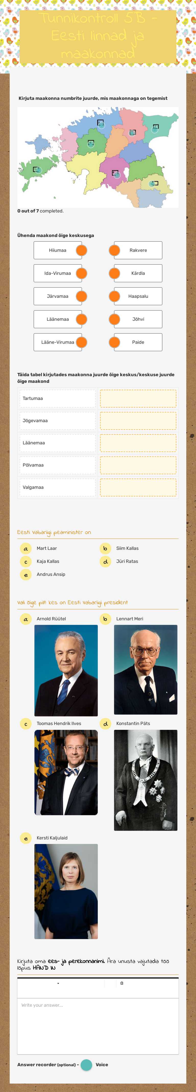 Tunnikontroll 5B - Eesti linnad ja maakonnad worksheet preview image