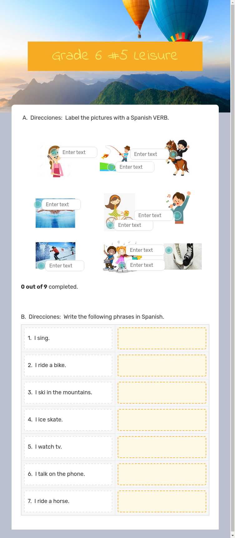 Grade 6 #5 Leisure worksheet preview image
