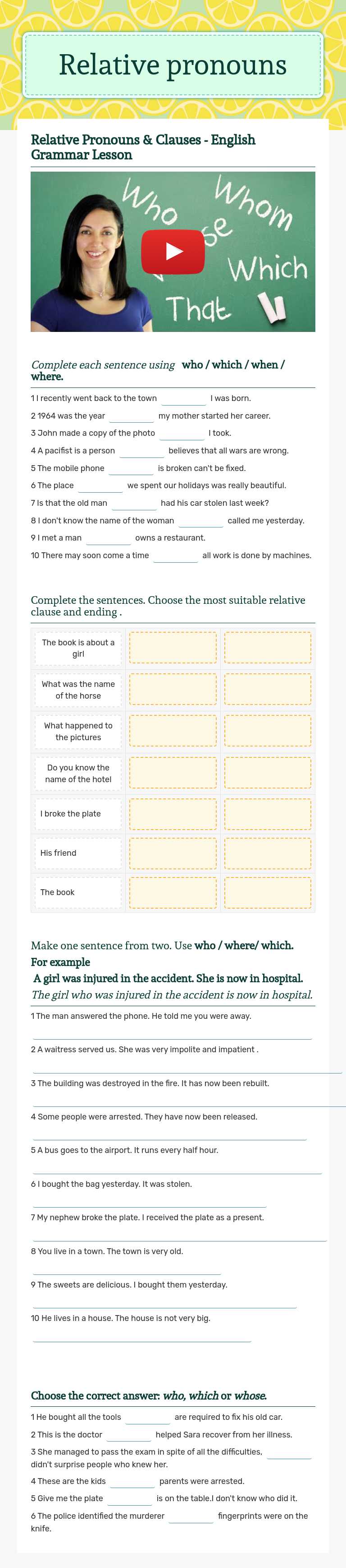 Relative pronouns Grade 9 worksheet preview