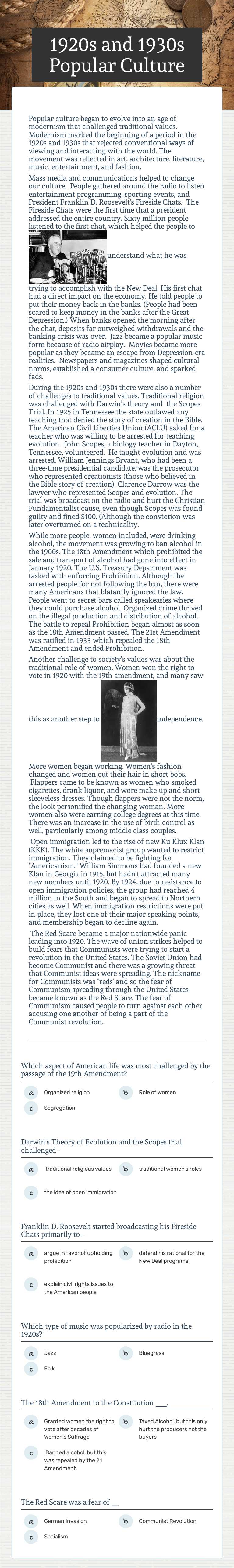 1920s and 1930s Popular Culture Grade 6 worksheet preview