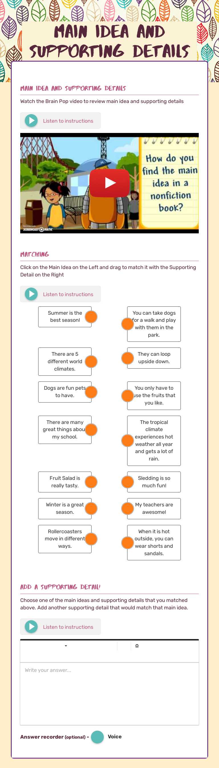 Main Idea and Supporting Details worksheet preview image