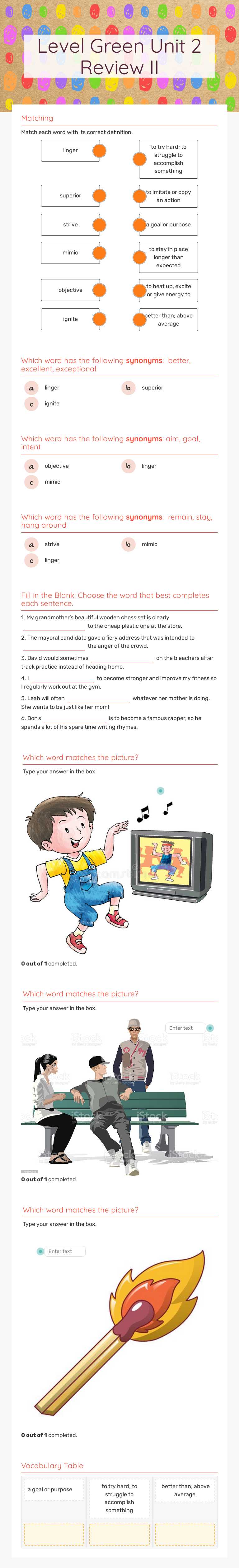 Level Green Unit 2   Review II Grade 7 worksheet preview