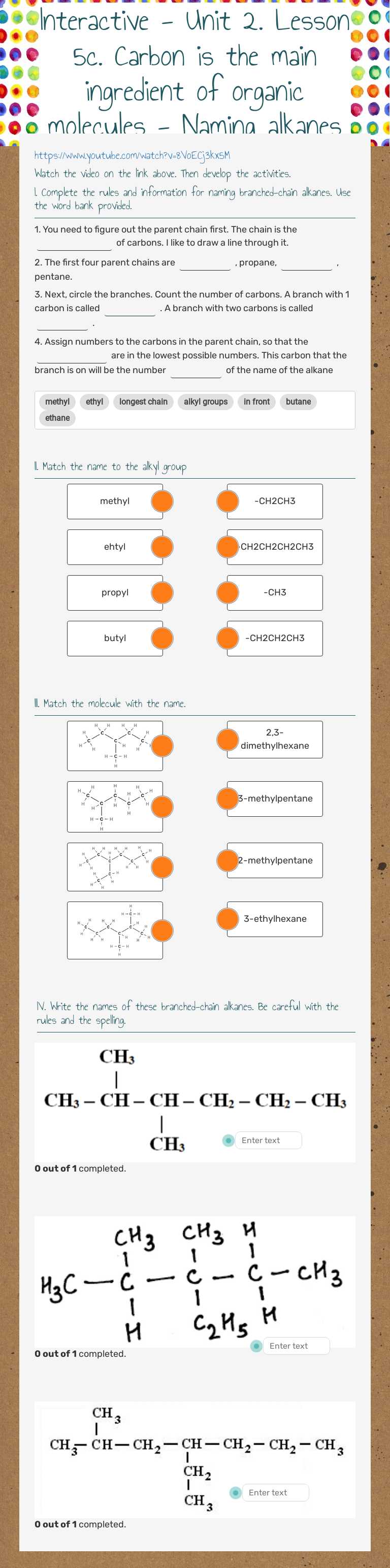Interactive - Unit 2. Lesson 5c. Carbon is the main ingredient of organic molecules - Naming alkanes worksheet preview image