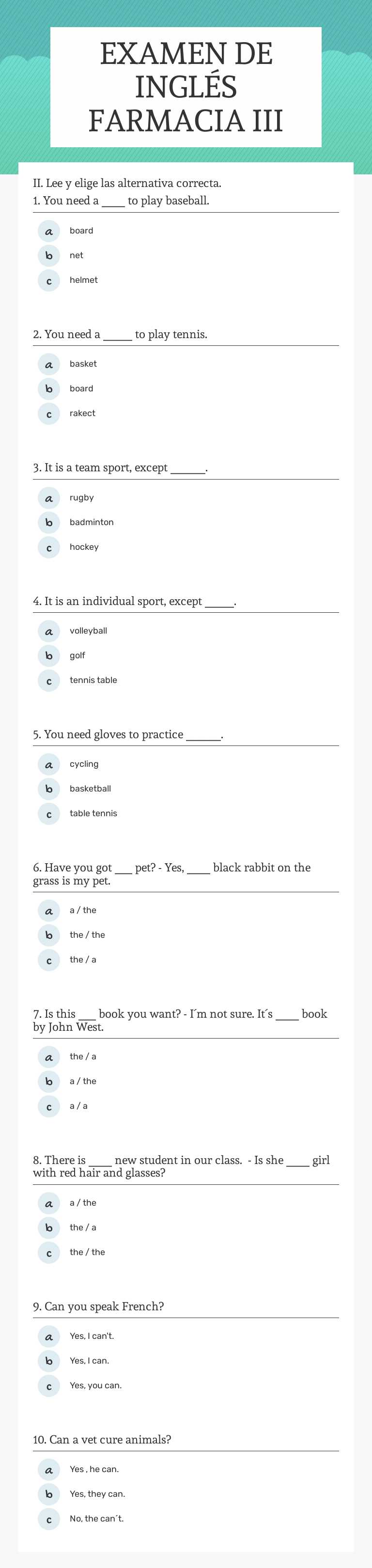 EXAMEN DE INGLÉS FARMACIA III worksheet preview image