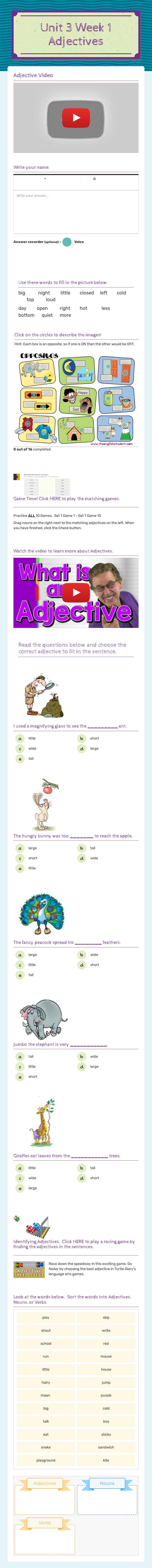Unit 3 Week 1 Adjectives worksheet preview image