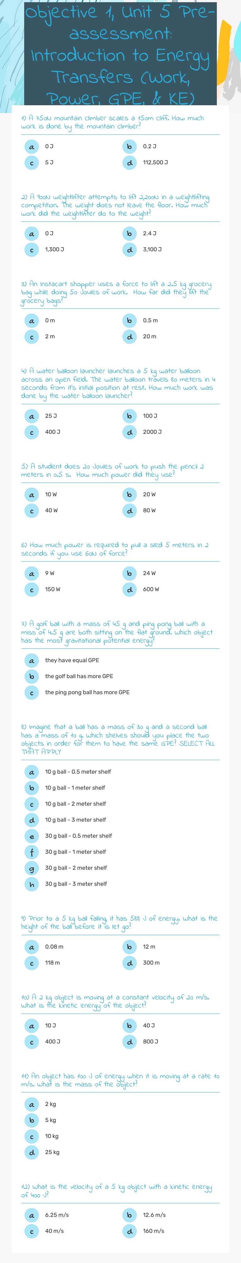 Objective 1, Unit 5 Pre-assessment: Introduction to Energy Transfers (Work, Power, GPE, & KE) worksheet preview image