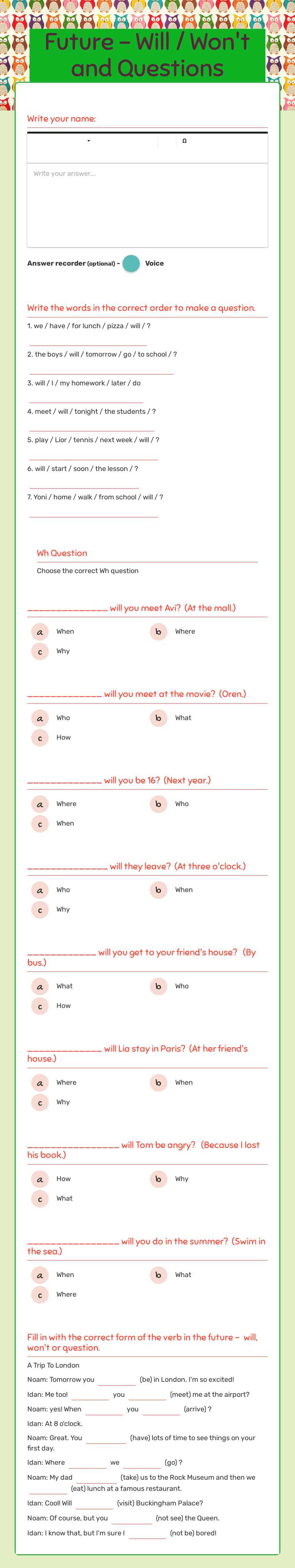 Future - Will / Won't and Questions Grade 9 worksheet preview