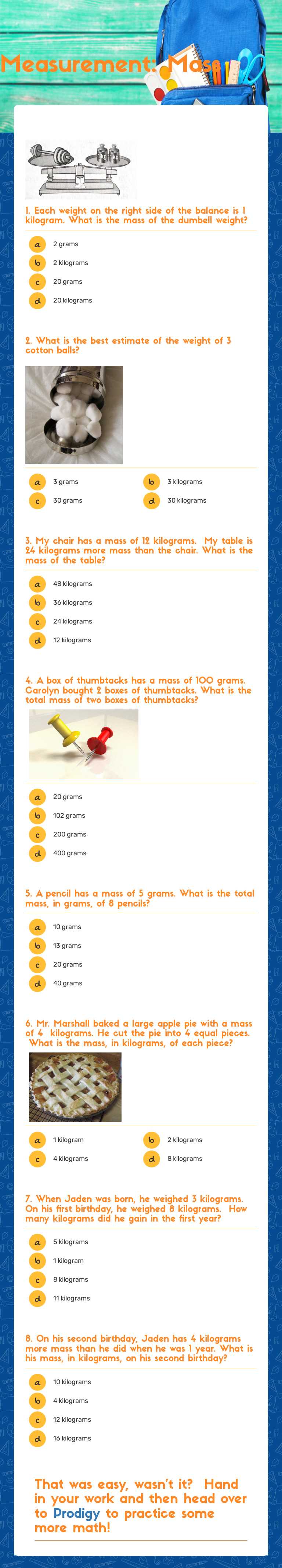 Measurement: Mass worksheet preview image