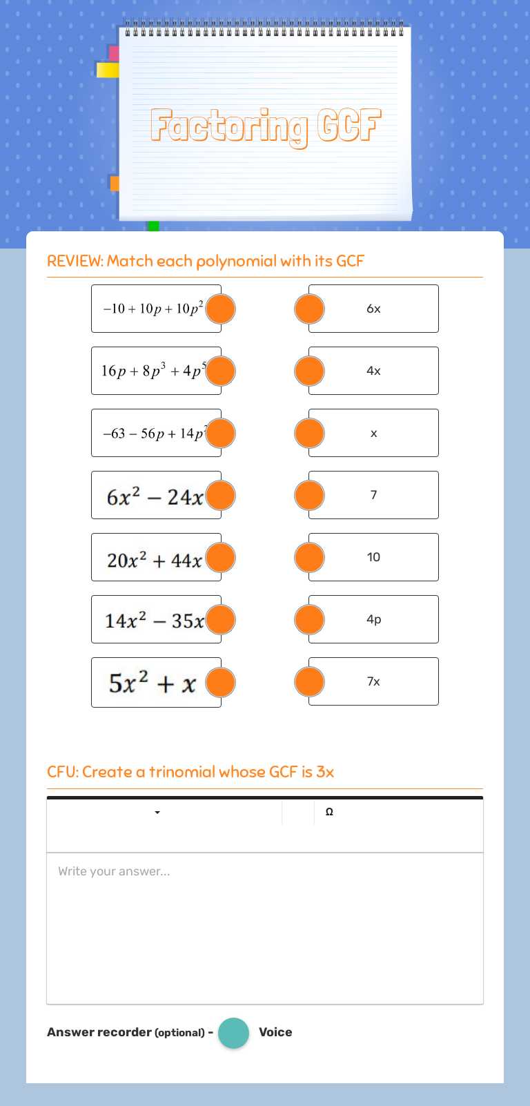 Factoring GCF worksheet preview image