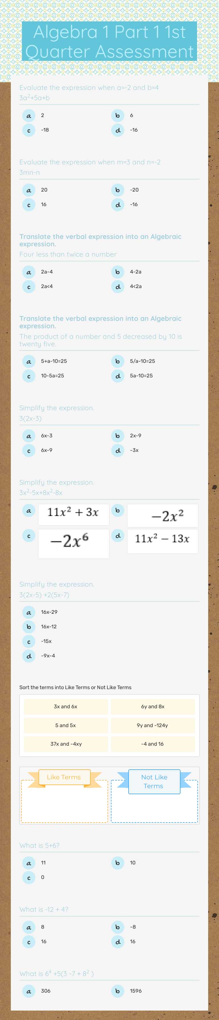 Algebra 1 Part 1 1st Quarter Assessment Grade 10 worksheet preview