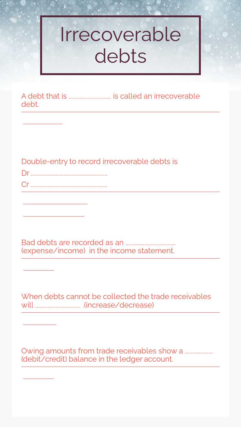 Irrecoverable debts worksheet preview image