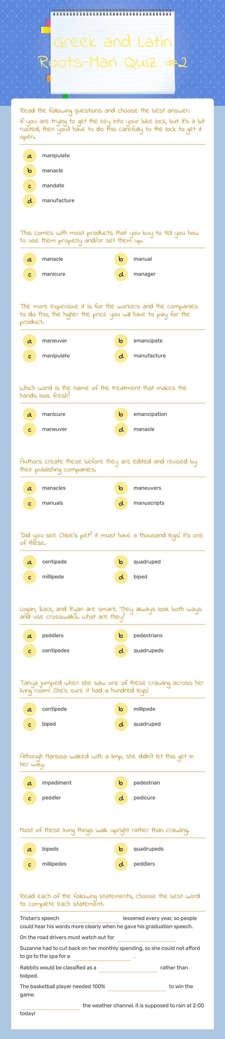 Greek and Latin   Roots-Man Quiz #2 worksheet preview image