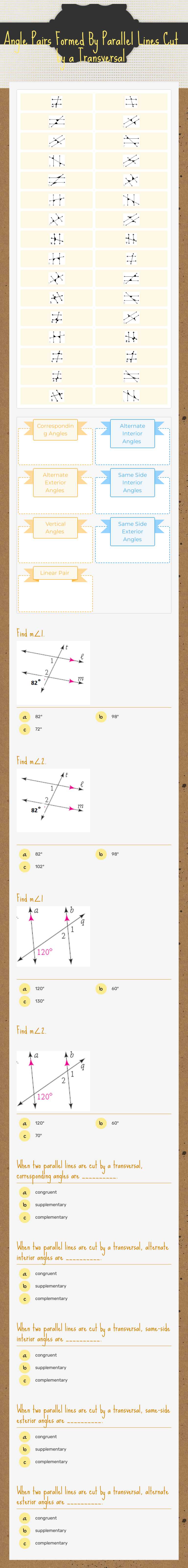 Angle Pairs Formed By Parallel Lines Cut by a Transversal worksheet preview image