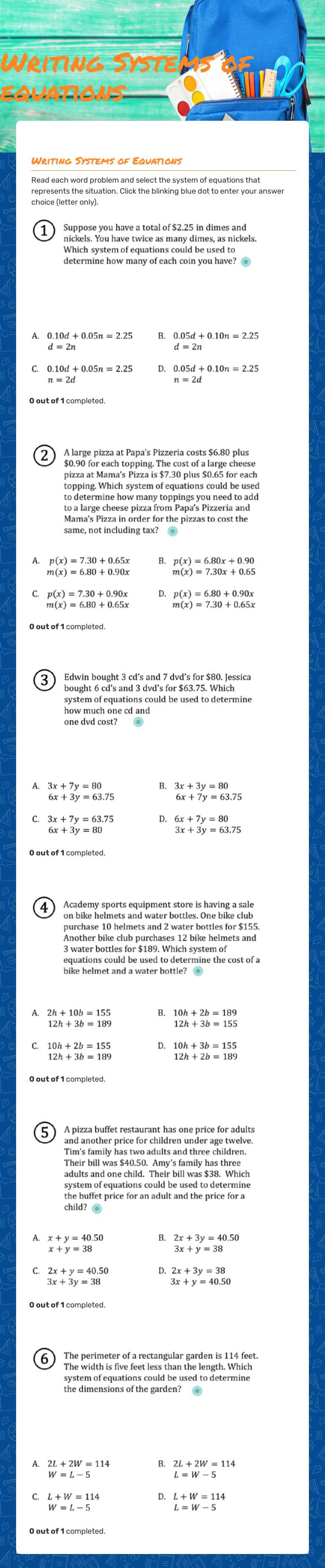 Writing Systems of equations Grade 10 worksheet preview