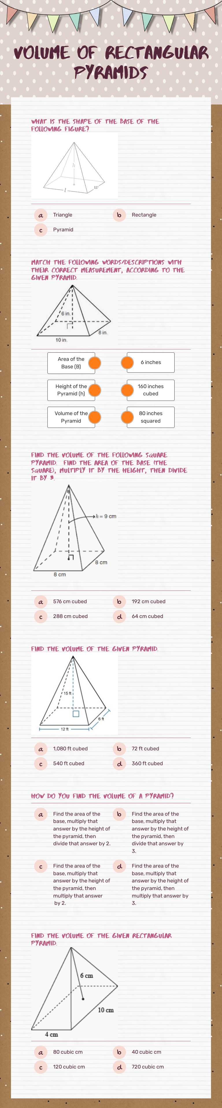 Volume of Rectangular Pyramids worksheet preview image