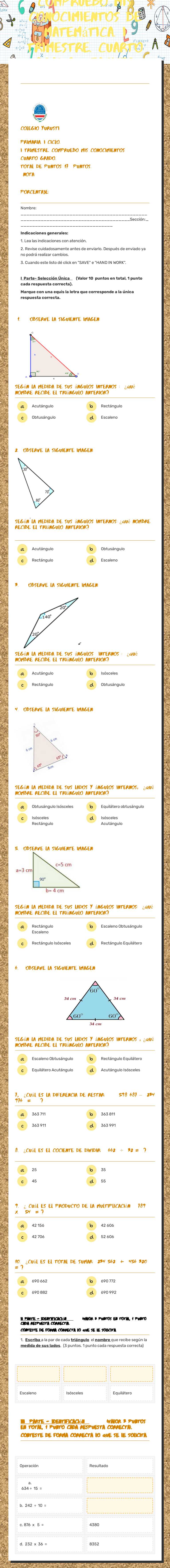 Colegio Yurusti     Compruebo mis Conocimientos de Matemática.  I Trimestre. Cuarto Grado. Teacher: Silvia Varela R. worksheet preview image