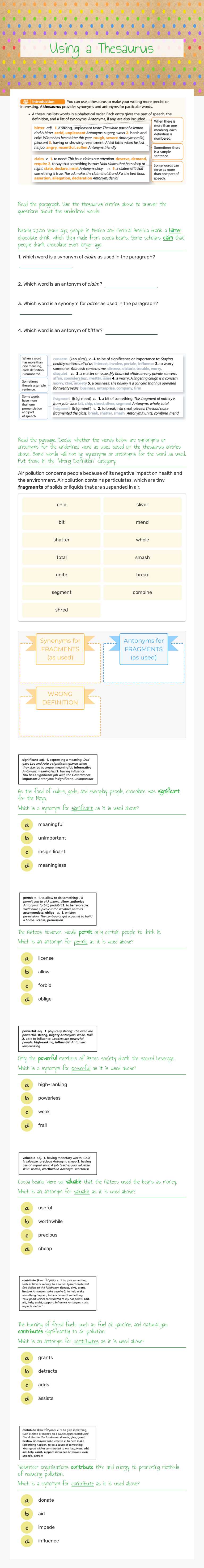 Using a Thesaurus worksheet preview image