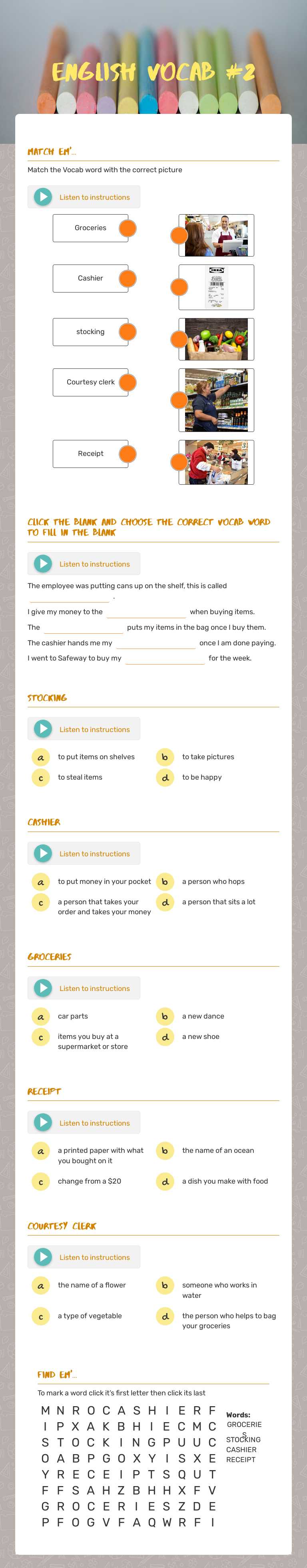 English Vocab #2 Preschool worksheet preview