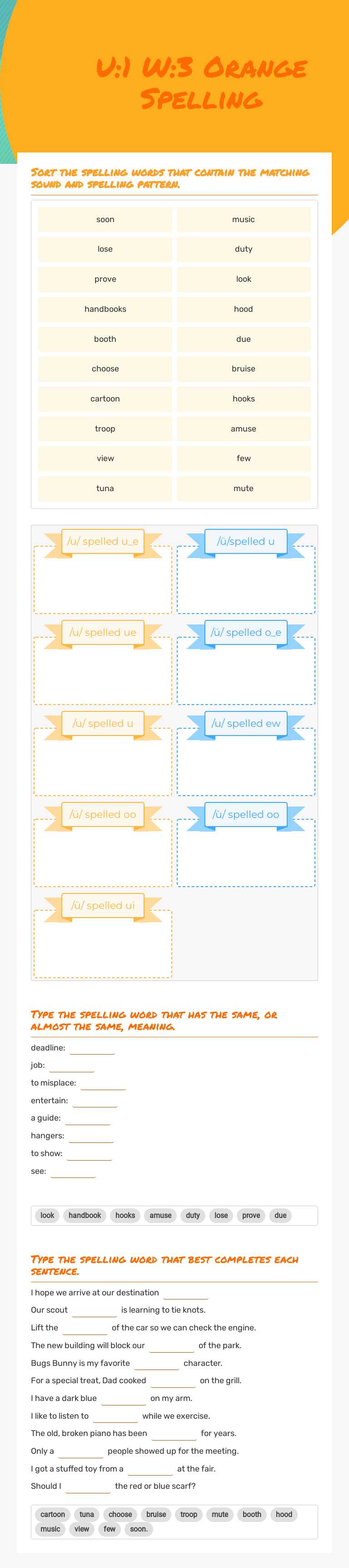 U:1 W:3 Orange Spelling worksheet preview image