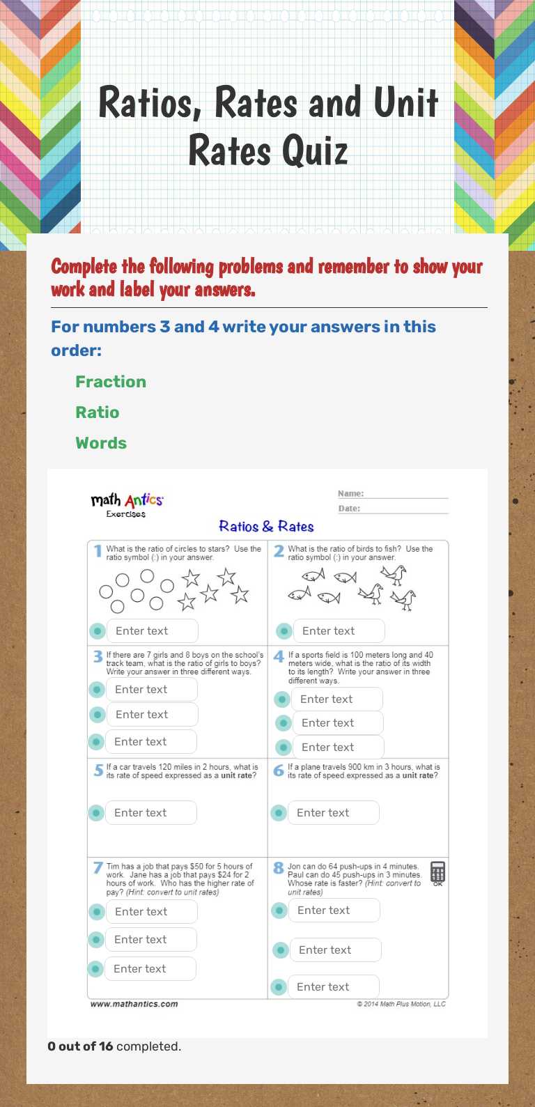 Ratios, Rates and Unit Rates Quiz worksheet preview image