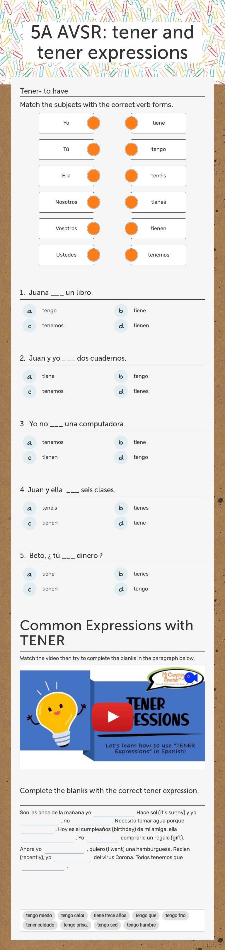 5A AVSR: tener and tener expressions worksheet preview image