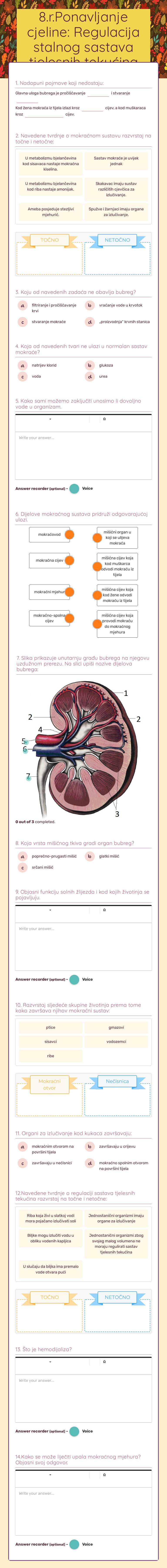 8.r.Ponavljanje cjeline: Regulacija stalnog sastava tjelesnih tekućina worksheet preview image