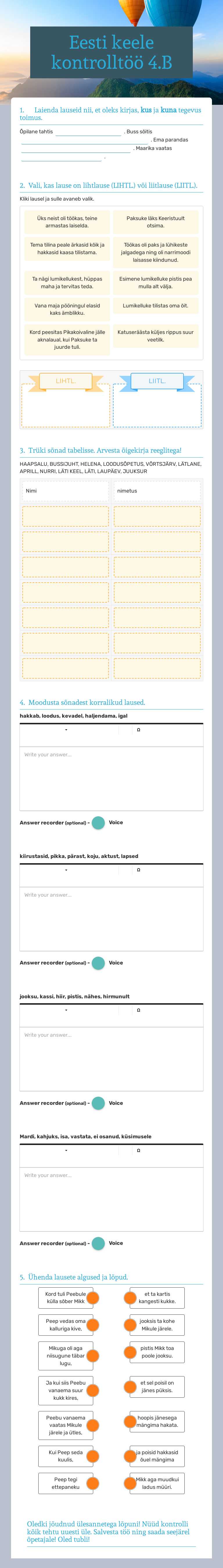 Eesti keele kontrolltöö 4.B Grade 4 worksheet preview
