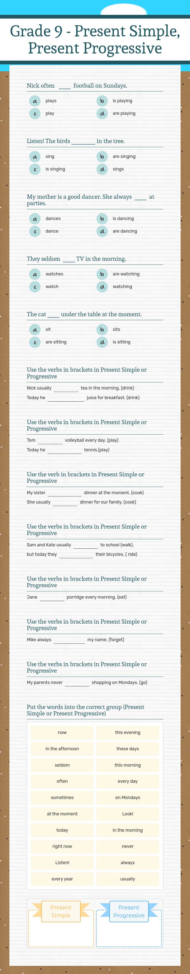 Grade 9 - Present Simple, 
Present Progressive worksheet preview image
