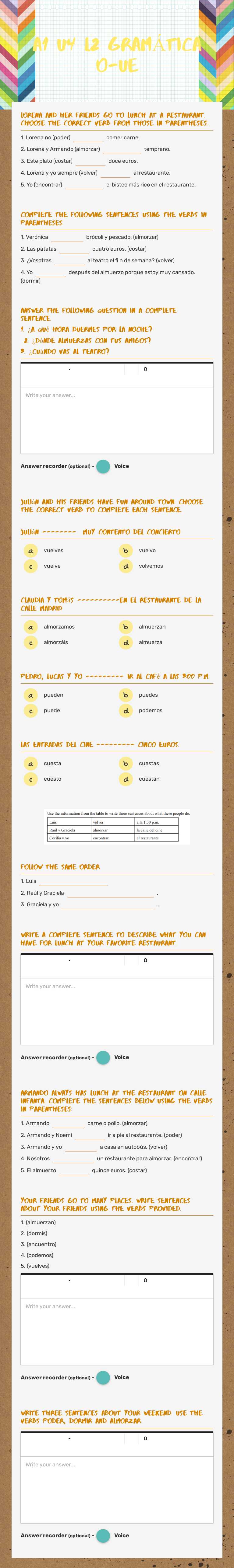 A1 U4 L2 GRAMÁTICA o-ue Grade 10 worksheet preview