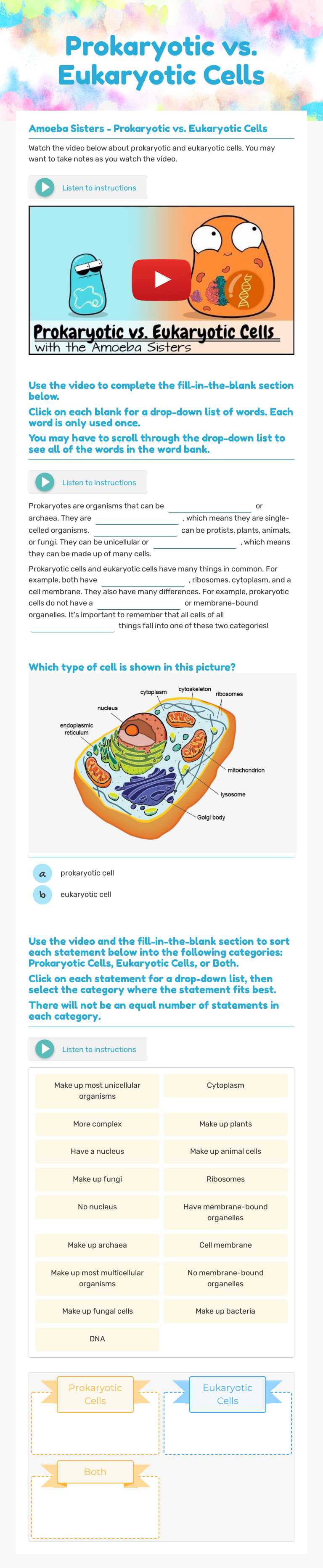 Prokaryotic vs. Eukaryotic Cells Grade 8 worksheet preview