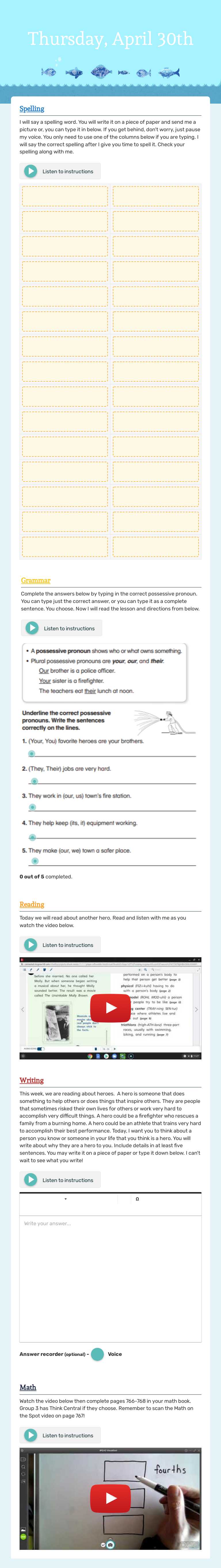 Thursday, April 30th Grade 2 worksheet preview