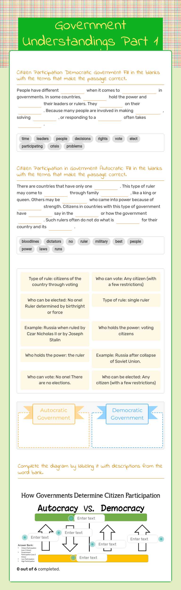 Government Understandings Part 1 Grade 6 worksheet preview