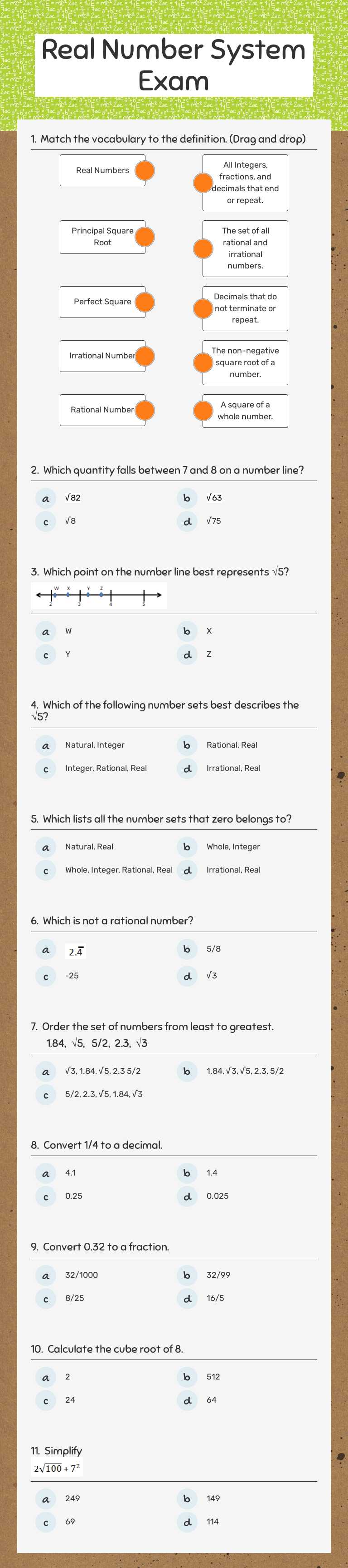 Real Number System Exam Grade 8 worksheet preview