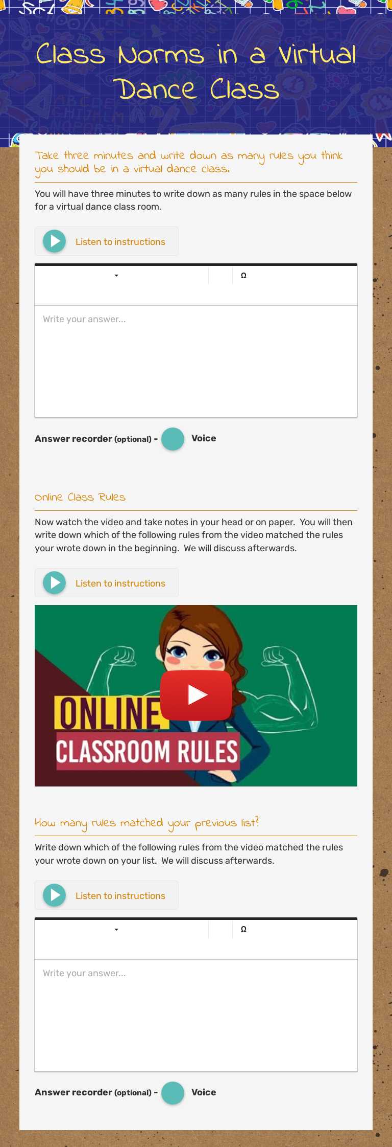 Class Norms in a Virtual Dance Class worksheet preview image