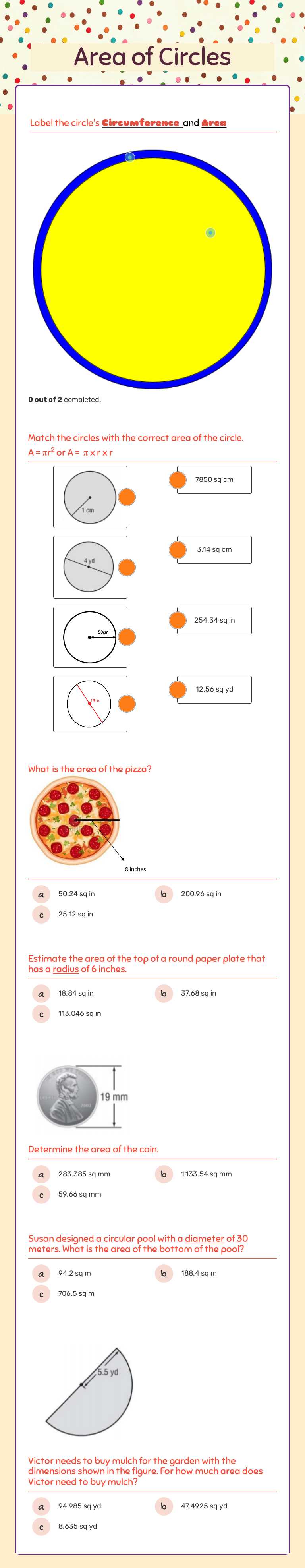Area of Circles worksheet preview image