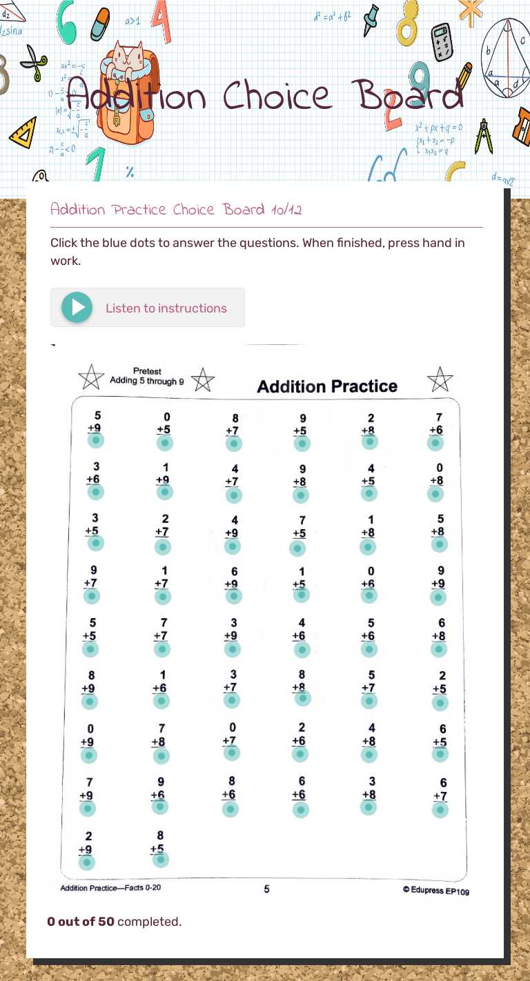 Addition Choice Board worksheet preview image