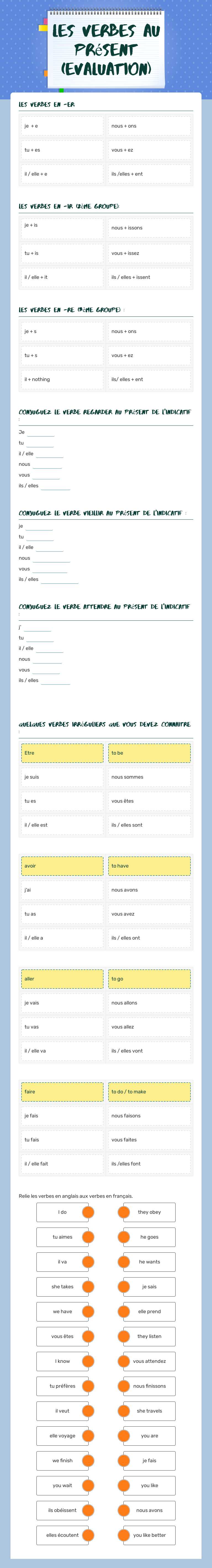 les verbes au présent (evaluation) worksheet preview image